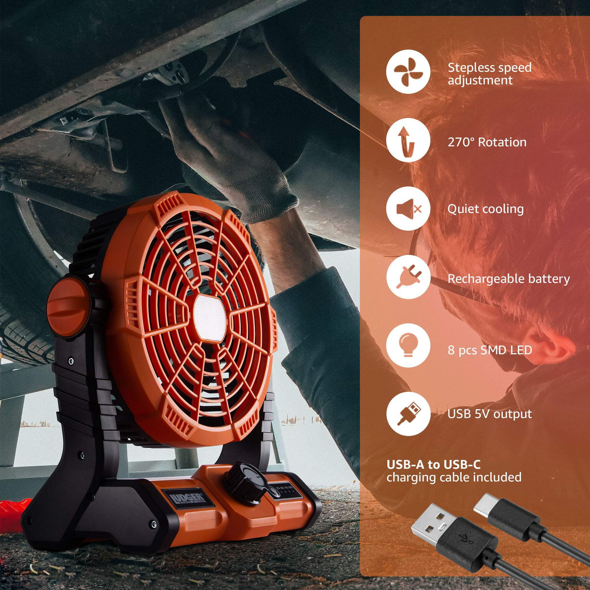 Ludger 7" 3-in-1 Rechargeable Fan (EL-705WF), Portable, LED, Long Battery life, Multi Charging Port, Compact Size, Carrying Handle, Quiet Cooling, 270 Degree Rotation, Camping
