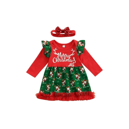 

Baby Girls Dresses Princess Sweet Christmas Dresses Santa Claus Long Fly Sleeve Ruffle Lace Dresses Bowknot Sequined Headband Suit