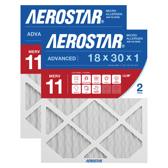 Aerostar 18x30x1 MERV 11 Air Filter, Pleated AC Furnace HVAC, Pet Dander Mold Smoke, 2 Pack