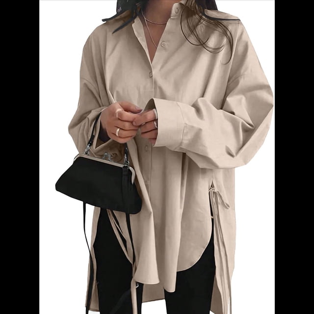 Camisas de Botones Extragrandes para Mujer, Blusas de Larga con Aberturas, Corte Alto y Bajo Caqui XL