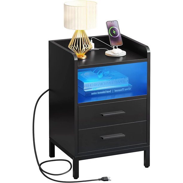 DEXTRUS Black Night Stand with LED Lights and Charging Station, End
