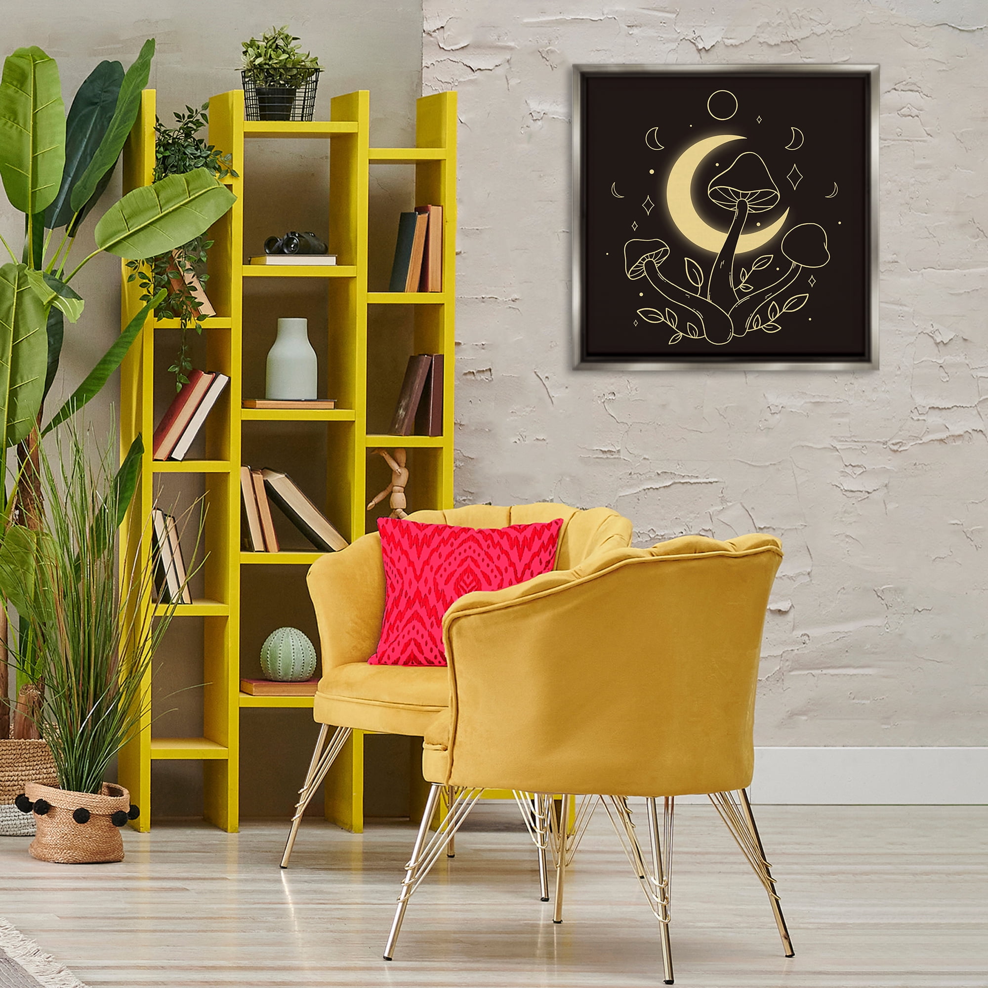 Stupell Industries Dancing Mushrooms & Moon Plants & Flowers Painting Gray Floater Framed Canvas Art Print Wall Art, 25 x 25