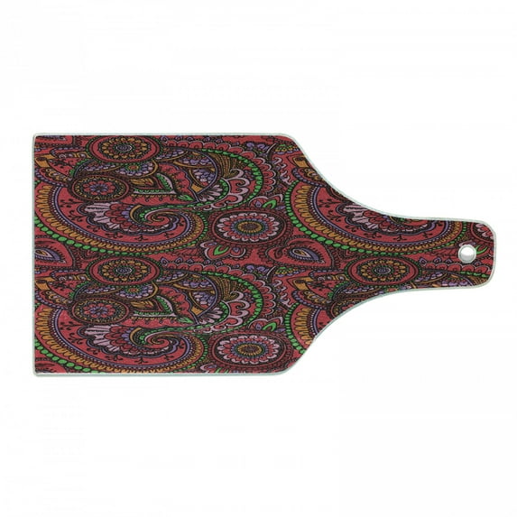 East Cutting Board, Pattern Based on Traditional Vintage Twists Lines Spirals, Decorative Tempered Glass Cutting and Serving Board, Wine Bottle Shape, Dark Coral Orange Green, by Ambesonne