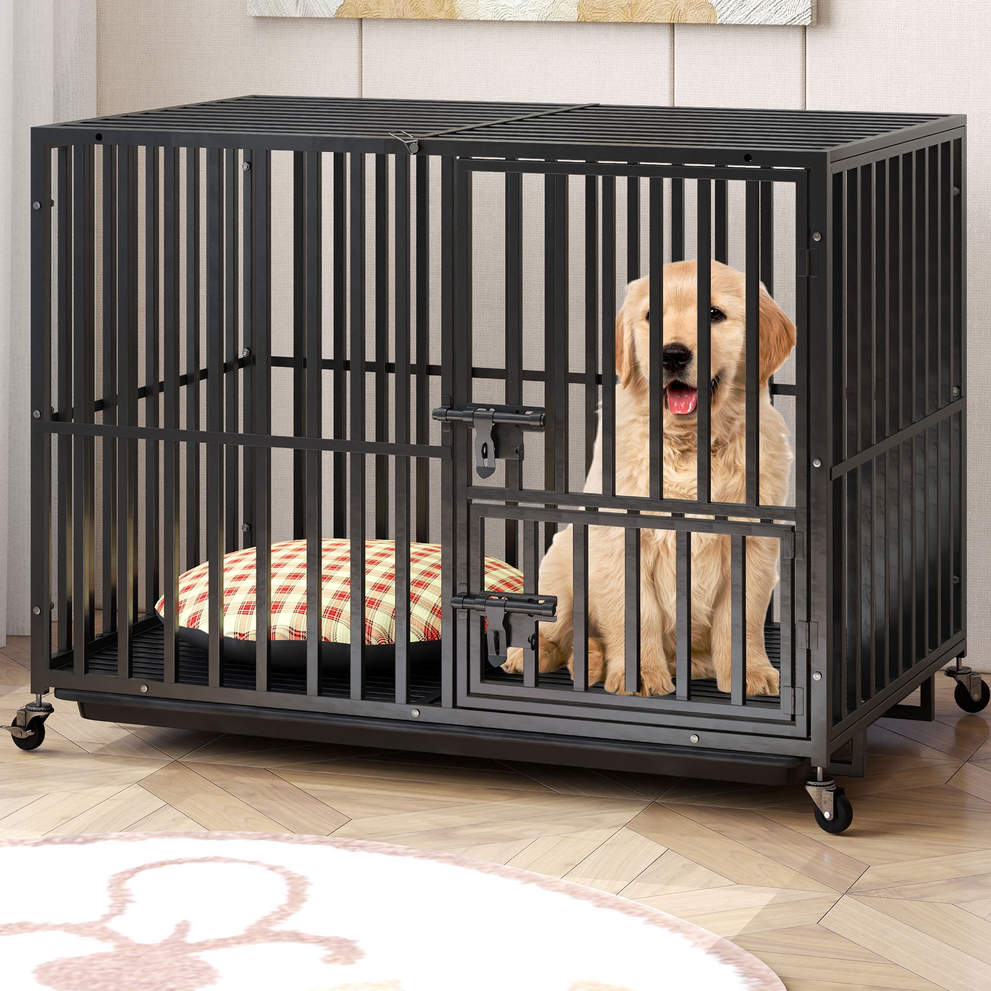 Uforic 42" Heavy Duty Dog Crate for Large Dogs with Lockable Wheels, Dog Kennel with Removable Tray