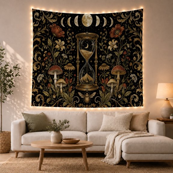 Hourglass Beneath Moon Phases Among Flowers, Mystical Celestial for Art Lovers, Botanical Wall Art, Halloween Gift Tapestry Wall Hanging for Bedroom, Living Room and Dorm