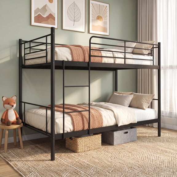 ELLEGNT Twin Over Twin Heavy Duty Metal Bunk Bed with Ladder, Guardrails, Black