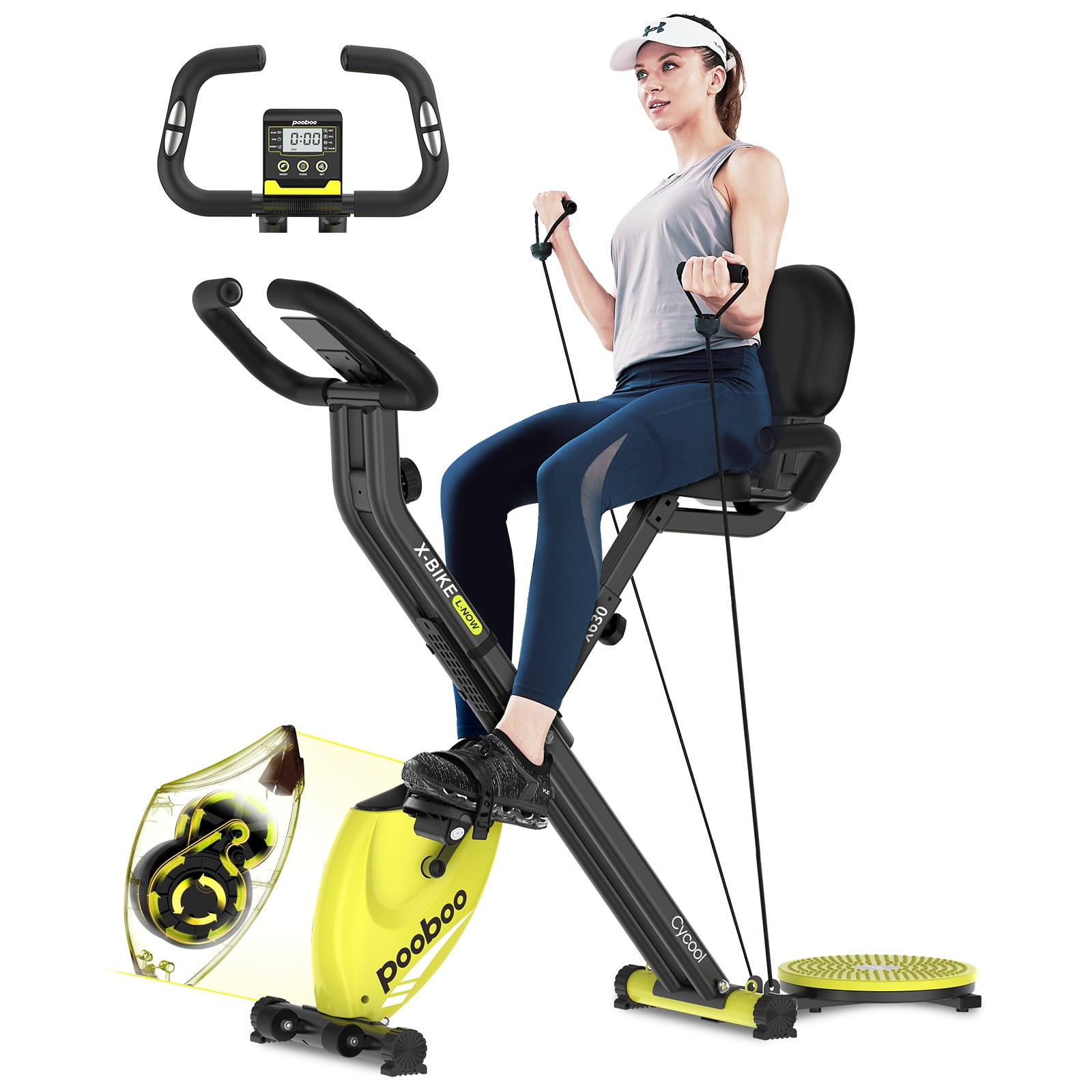 pooboo Exercise Bike Foldable 3 in 1 Indoor Cycling Bike Magnetic Stationary Bike X Bike with Twister Board and Arm Resistance Bands for Home Cardio Workout Training 