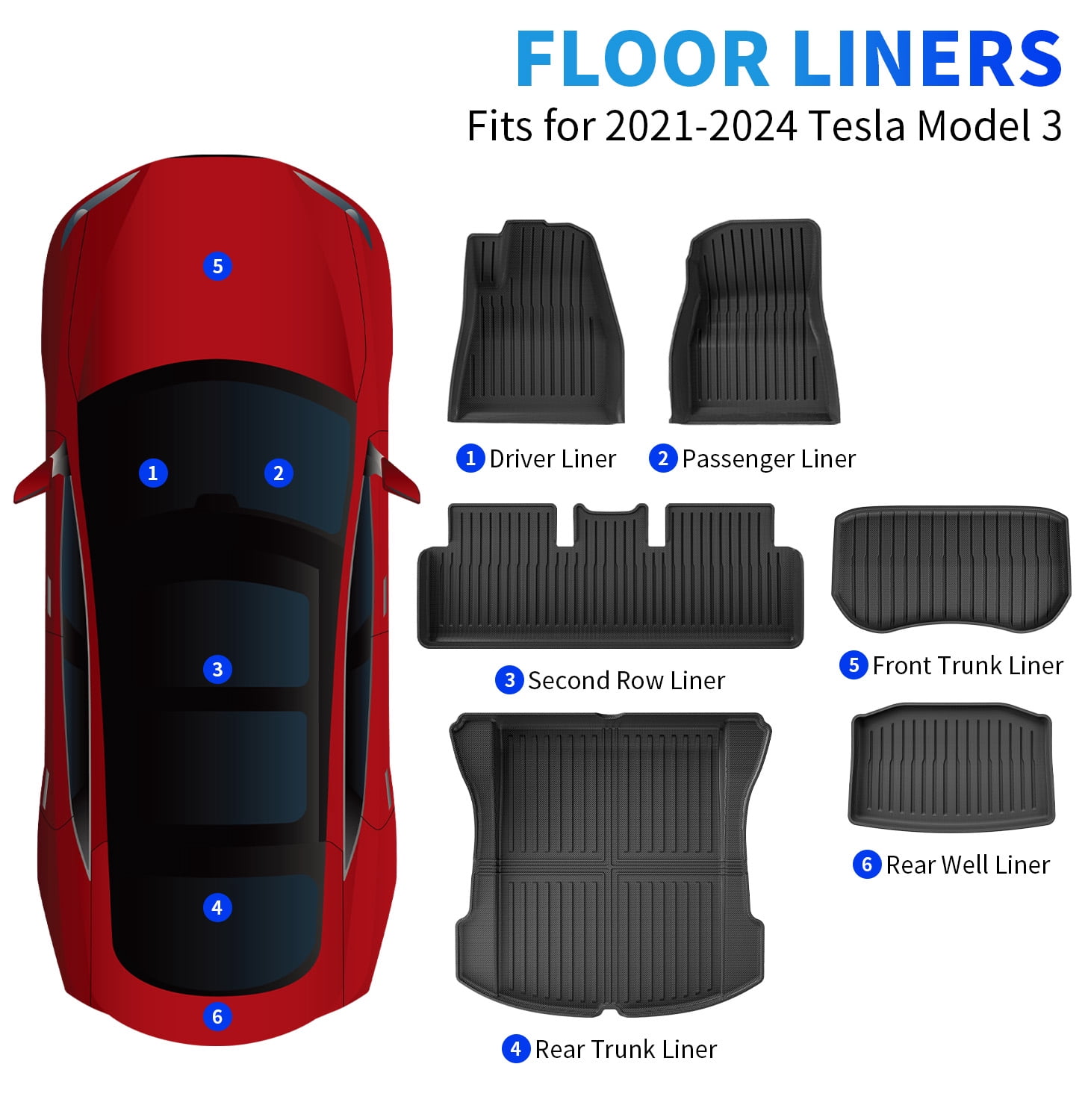 Floor Mats for Tesla Model 3 2024 2023 2022 2021, TPE All Weather Mat Custom Fit 1st and 2nd Row Full Set Car Liners, Black