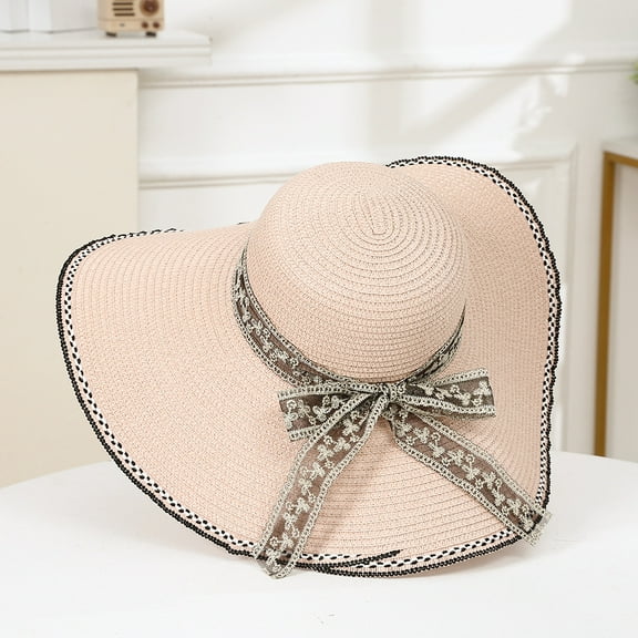 SikaFu Summer Bow, Sun Hat Female Seaside Beach Holiday Hat Outdoor Large Eaves Large Eaves Sun Hat Sweet Straw Hat