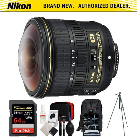 Nikon AF-S FISHEYE FX Full Frame NIKKOR 8-15mm f/3.5-4.5E ED F/4.5-29 Fixed Zoom Lens (20066) + 64GB Memory Card, Photo Camera Backpack, Cleaning Kit for DSLR Cameras & 60