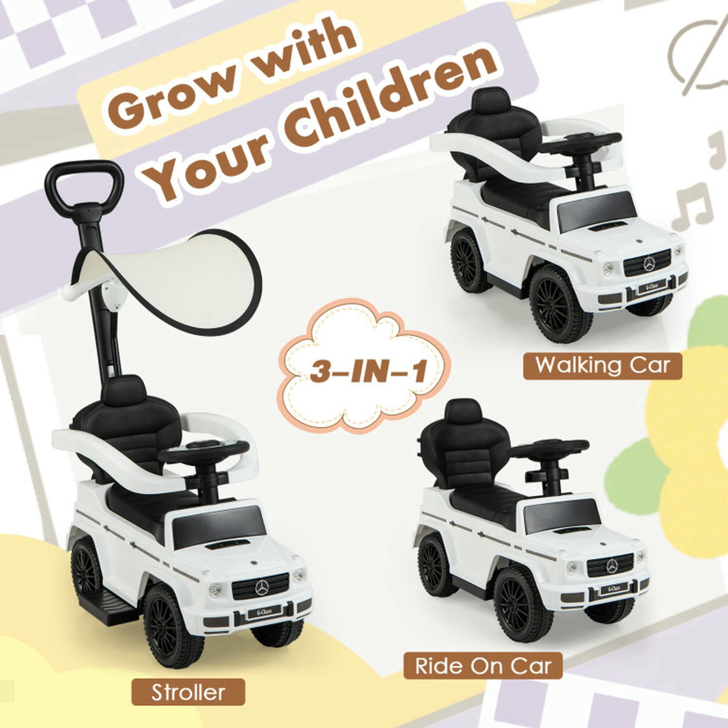 Lowestbest Kids Toddler Trolley, Kids Electric Car, 3-In-1 Kids Ride on Mercedes Benz G350 Push Car with Canopy,White