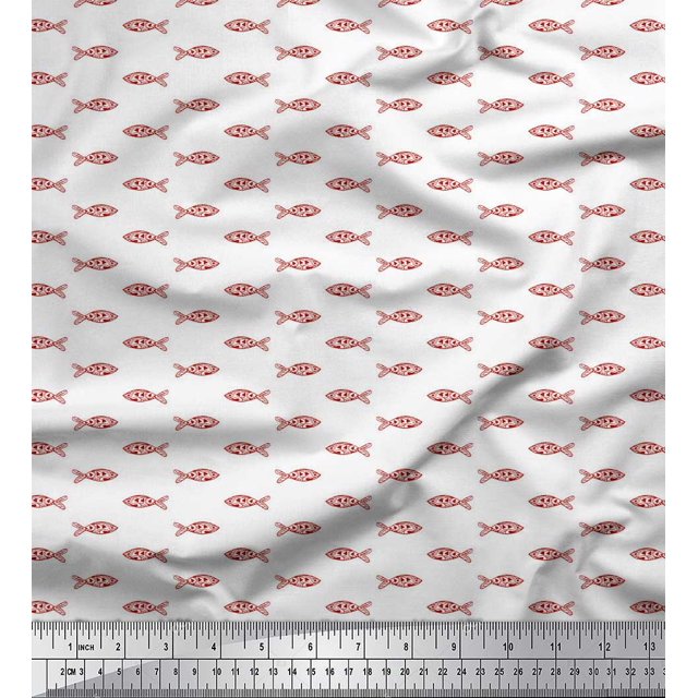 Soimoi Tissu Satin Modal Rouge Motif Poisson Océan au Mètre 42 Pouces de Large