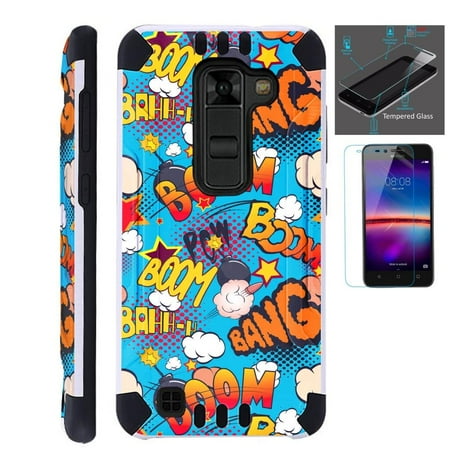 Phones Cases For Metro Pcs For LG Stylo 2 Plus MS550 (Metro PCS / T-Mobile Only) Case + Tempered Glass Screen Protector / Slim Dual Layer Brushed Texture Armor Hybrid TPU KomBatGuard Phone Cover (Teal Comic) ()