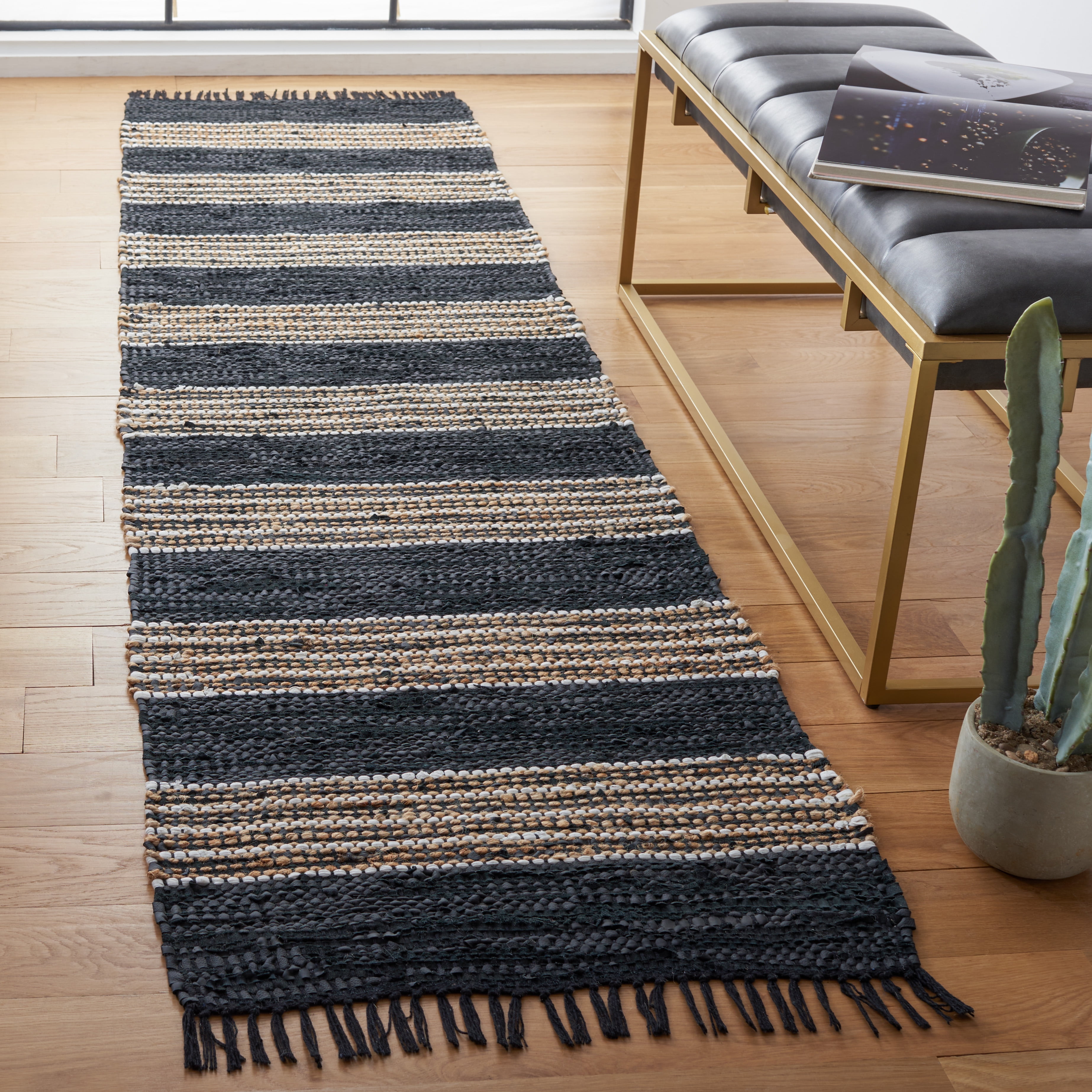 SAFAVIEH Vintage Leather Crawford Striped Runner Rug, Black/Natural, 2'3" x 9'
