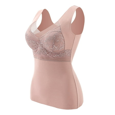 Kcodviy Sleeveless Thermal Shirts For Women With Non Detachable Built In Bra V Neck Vest Lined Underwear Thermal Tank Tops Lace Underwear Mens Thermals Top And Bottom Set Womens Thermal Tops Th