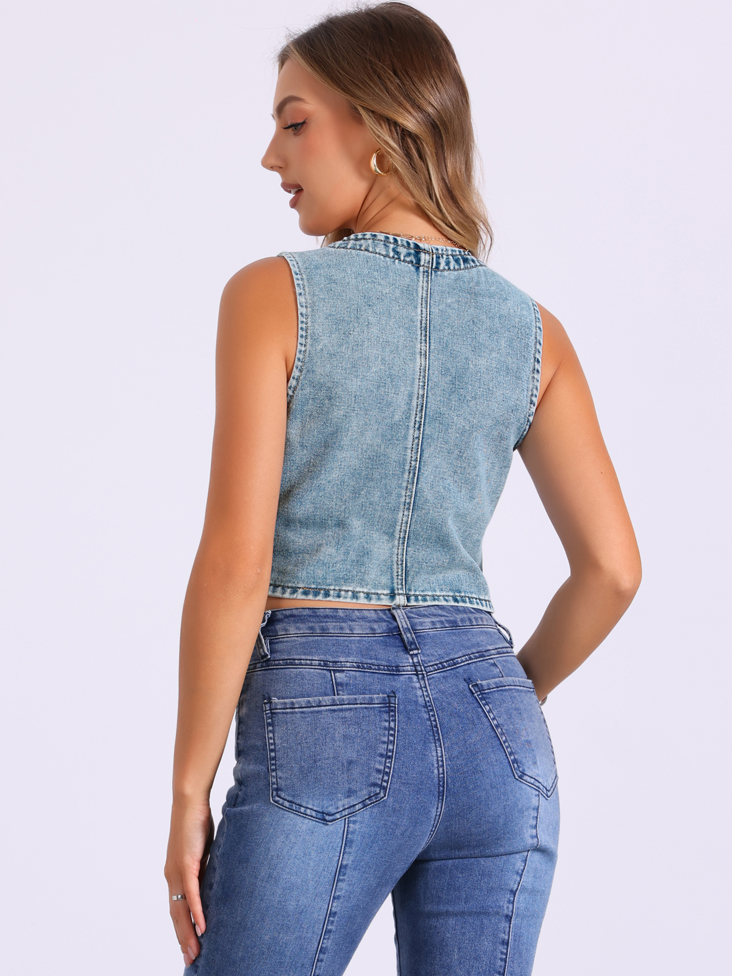 DARING DIVA Women's Denim Vest Sleeveless Button Down Cropped Waistcoat XS Gray Blue