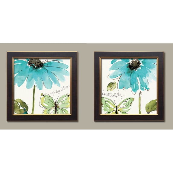 Gorgeous Teal and Green Butterfly and Flower Print Set by Pela Studio; Floral Decor; Two 12x12in Gold Trim Brown Framed Prints, Ready to Hang!