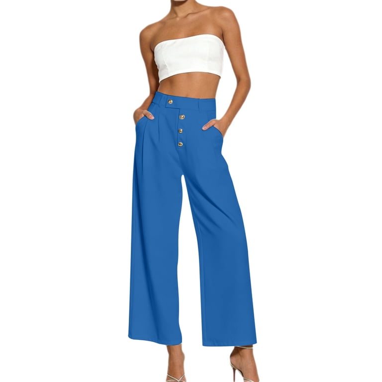ClodeEU Women's High Waist Button Straight Leg Dress Pants, Casual Loose Cropped Trousers with Pockets Blue,Women's Plus XXL