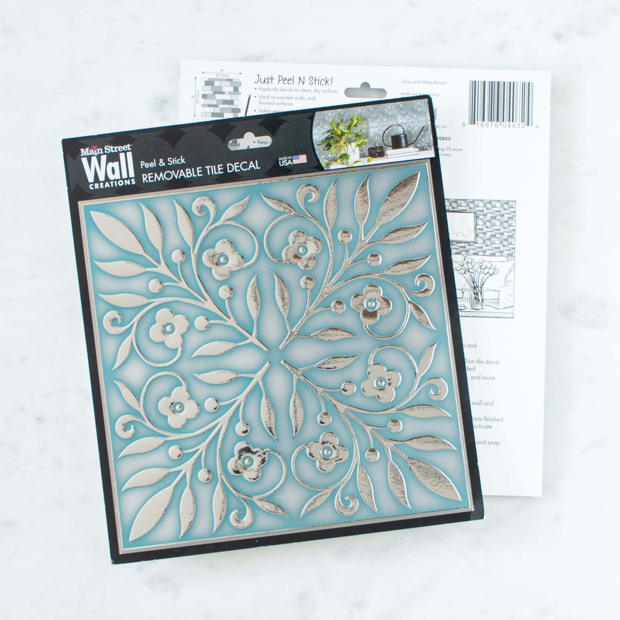 Main Street Peel and Stick Wallpaper Tiles 8 in x 8 in, 24-Pack , Teal and Silver Leaves Design, Self Adhesive Wall Tiles for Kitchen Backsplash and Home Decor