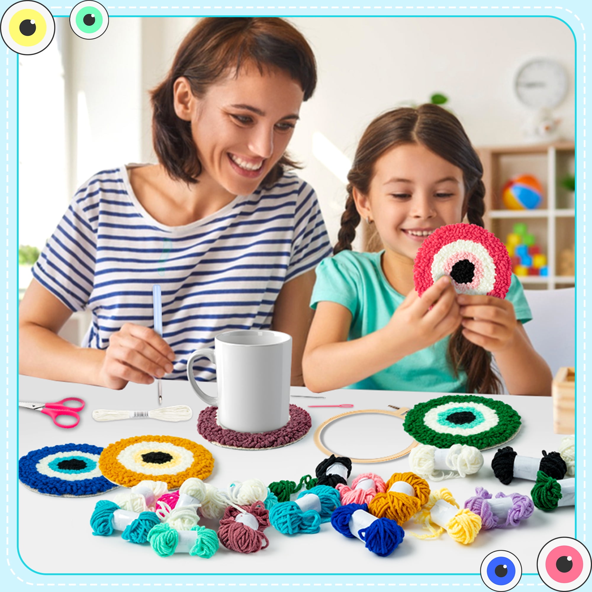 Belanttega Devil Eye Punch Needle Coaster Kit - 22Pcs Art Work Decor Craft Supplies Kits for Beginners, DIY Set of 6 Pattern Tufted Rug Pads with Adhesive Felt Yarns Embroidery Hoop Instruction Gifts