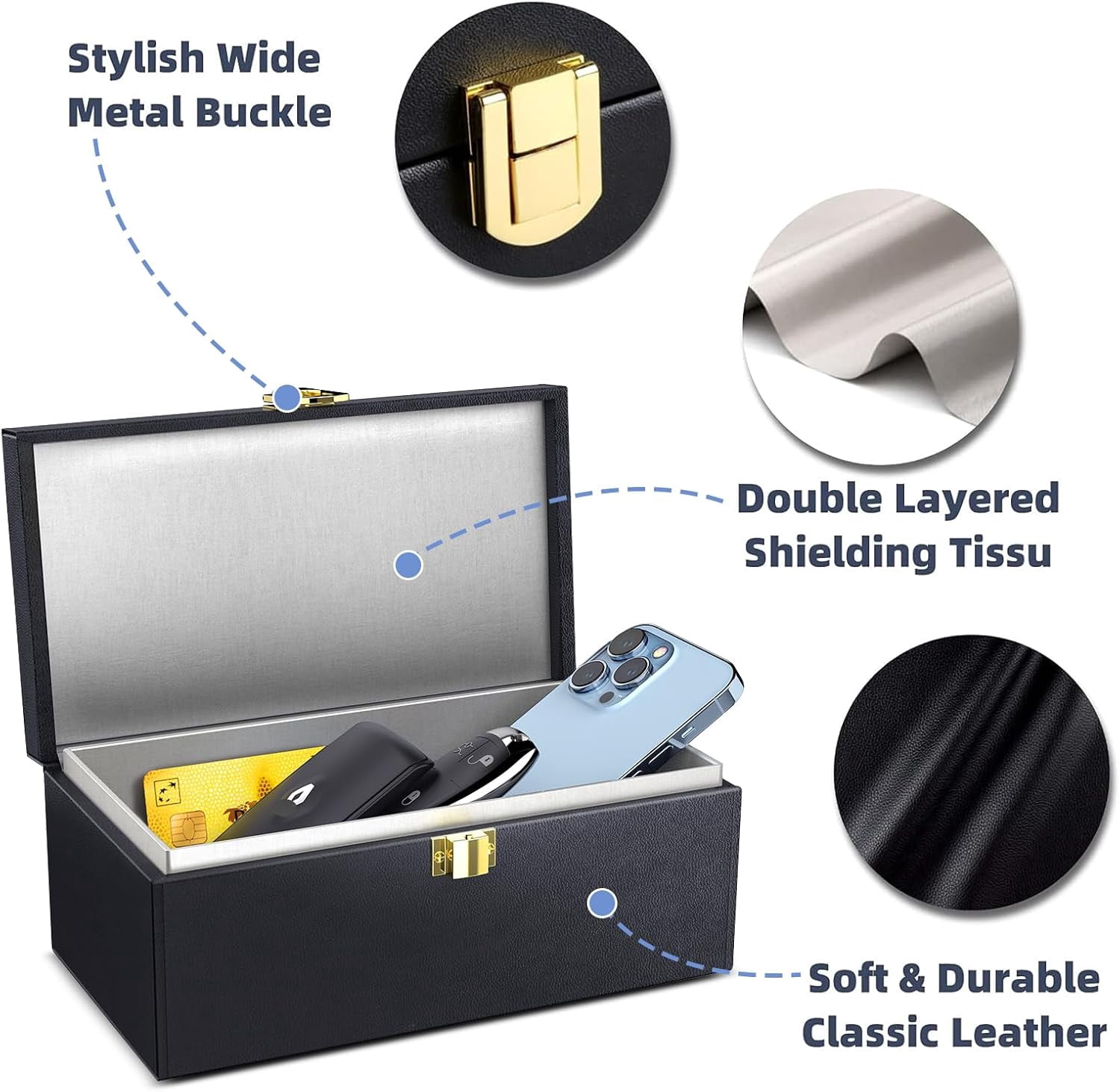 Faraday Box, Car Key Fob Protector with 2 Pack Faraday Bag, PU Leather Signal Blocker for Keyless Fob, RFID Signal Blocking Pouch Cage(8.6*5.1*4.1 inch)