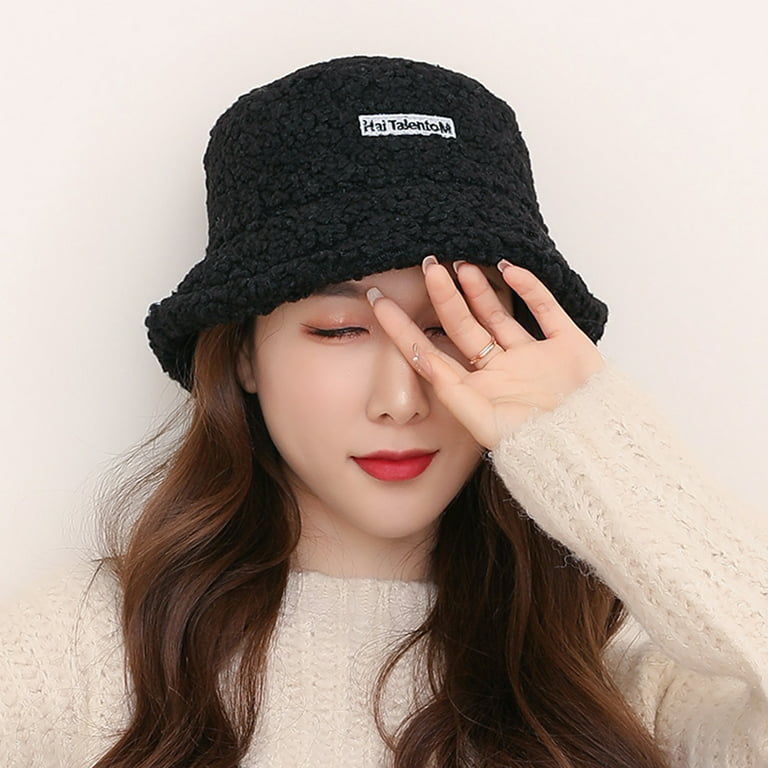 ZYmall Bucket Hat Fashion Letter Label Fluffy Japanese Style Thickened  Casual Keep Warm Sherpa Autumn Winter Thermal Fisherman Cap for Daily Life