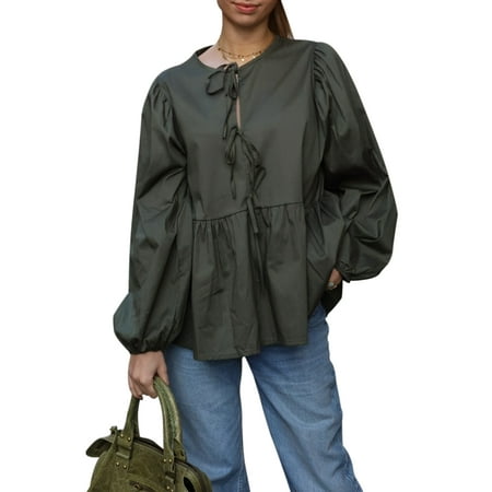 ZIYIXIN Women Bow Tie Front Shirt Top Cute Puff Sleeve Y2K Peplum Ruffle Babydoll Blouse Lace Up Summer Going Out