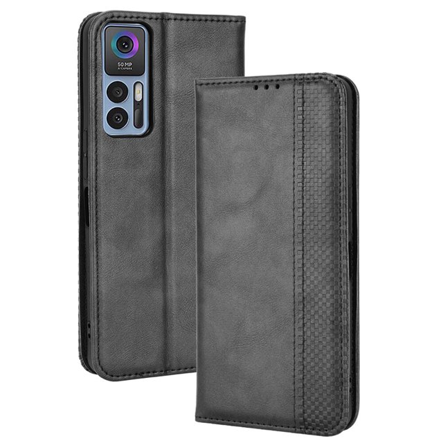 Compatible with TCL 30 5G Case Magnetic Closure Vintage Pattern PU Leather Wallet Cover with Card Slots-Black