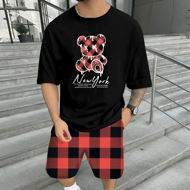 WILLBEST Conjunto de Camiseta y Pantalones Cortos de Verano para Hombre, Informal, con Estampado de Oso, Diseño A Cuadros, para Gimnasio, Deportes y Vacaciones