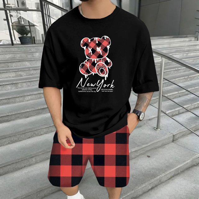WILLBEST Conjunto de Camiseta y Pantalones Cortos de Verano para Hombre, Informal, con Estampado de Oso, Diseño A Cuadros, para Gimnasio, Deportes y Vacaciones