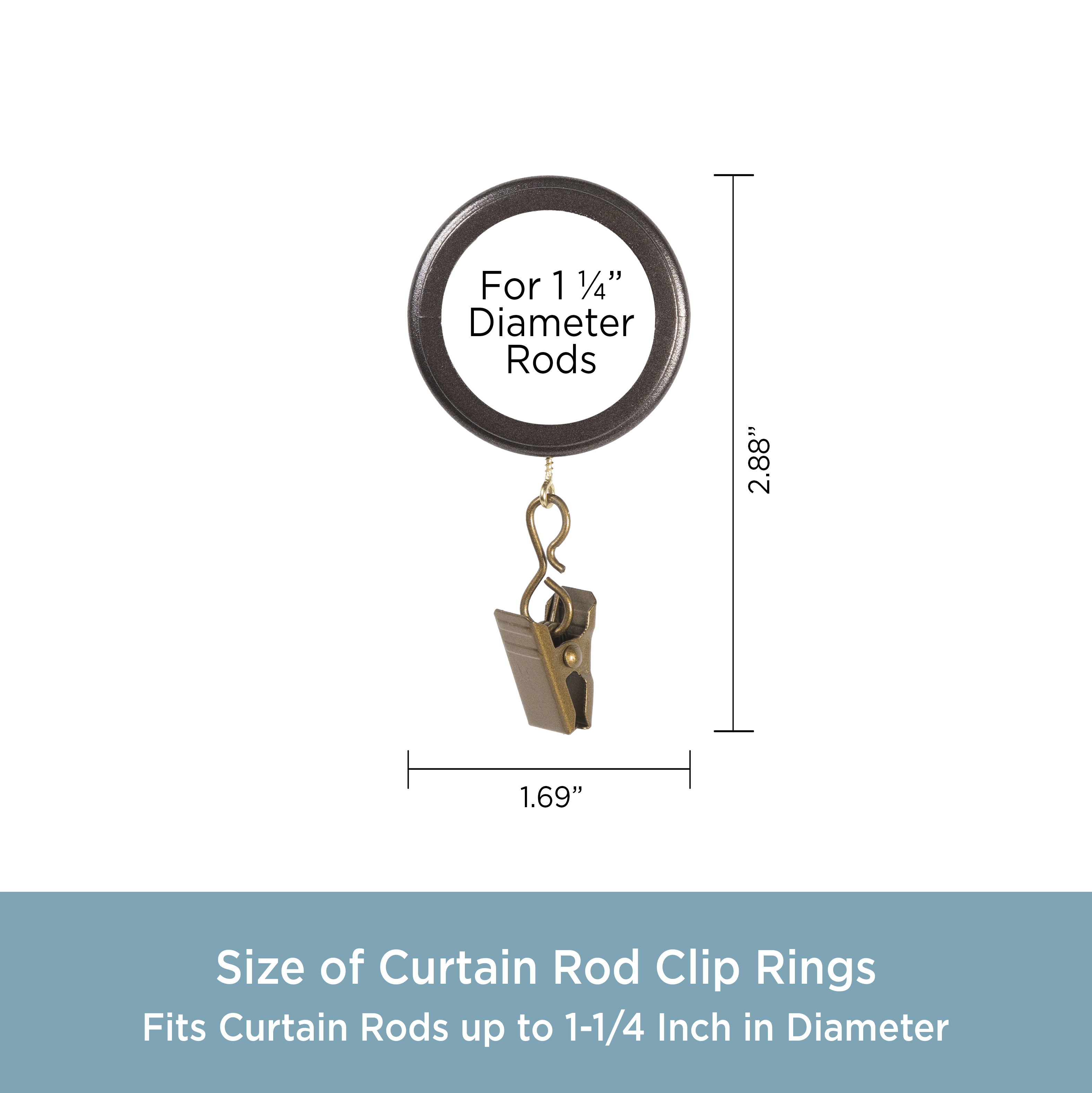 Kenney Ribbed Clip Rings for 1-1/4" Diameter Curtain Rods, Bronze, 7-Pack