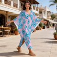 thumbnail image 4 of Xixirimido Blue Peacock Feather Pink Print Women’s Plus Size Beach Kaftan Dress V-Neck Batwing Sleeve Swimsuit Cover Up Flowy Caftan Dress for Pool, Cruise & Resort Wear, 4 of 7