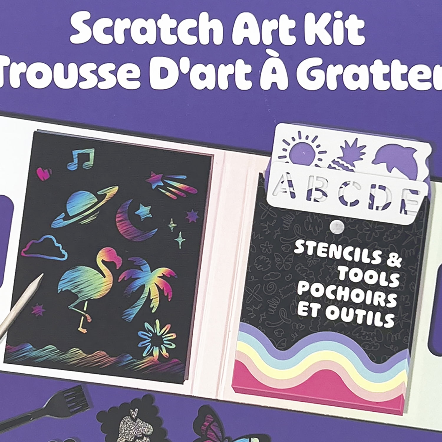 Little Yellow Bicycle: Scratch Art Kit - 4 Rainbow & 4 Sparkle Sheets, Stickers & Shapes, 4 Stencils, Scratch Tool & Brush, Travel Folder, Kid 5+