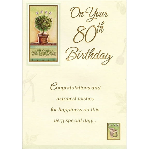 Designer Greetings Tree and Pear in Gold Foil Frames Age 80 / 80th Birthday Card