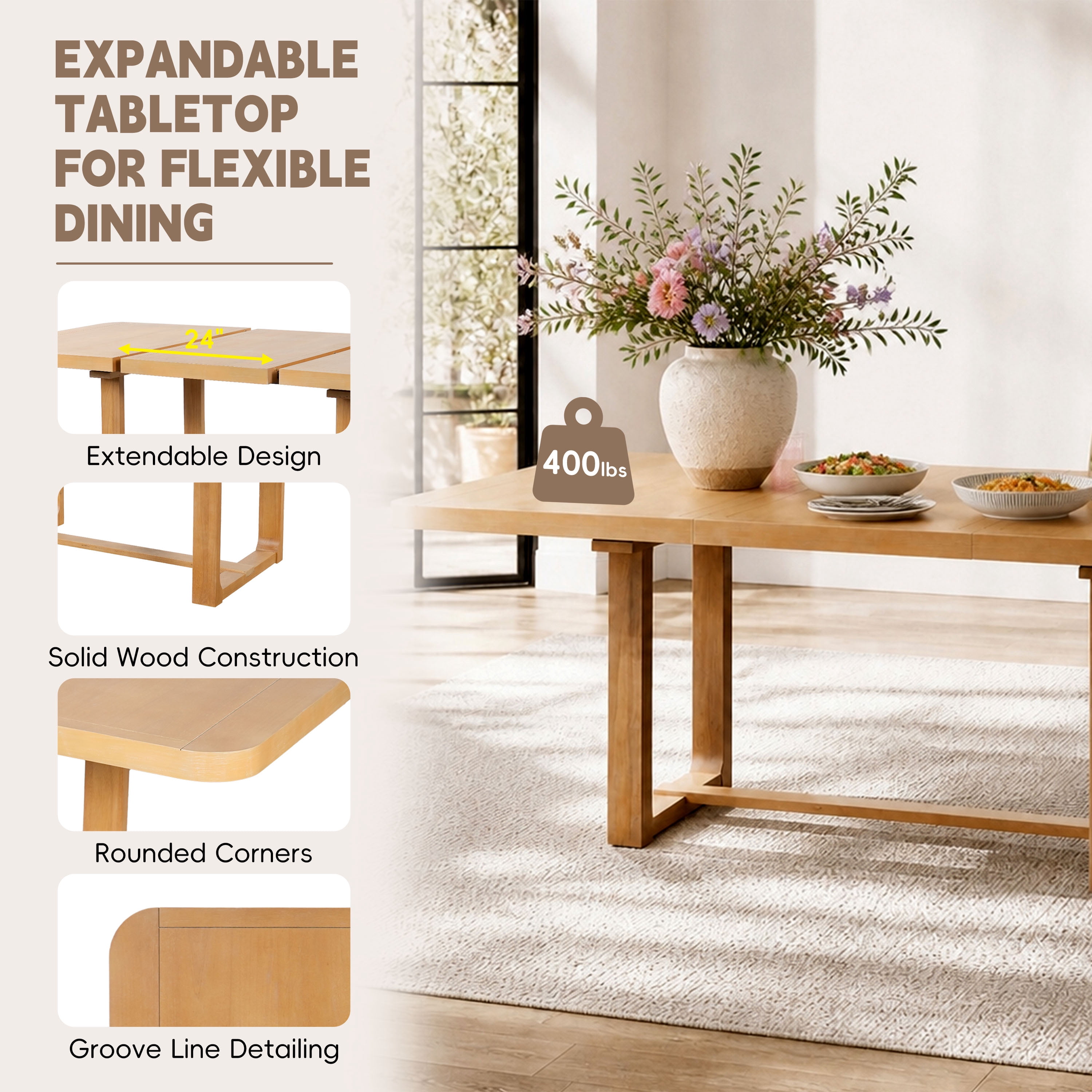 6-Piece Dining Table Set for 6, 60"–84" Extendable Dining Table with 4 Padded Chairs & Bench