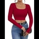 thumbnail image 3 of Tops Cortos de Larga para Mujer, con Cuello Cuadrado Acanalado, Ajustados, Informales, A para Dama Rojo Vino S, 3 of 7