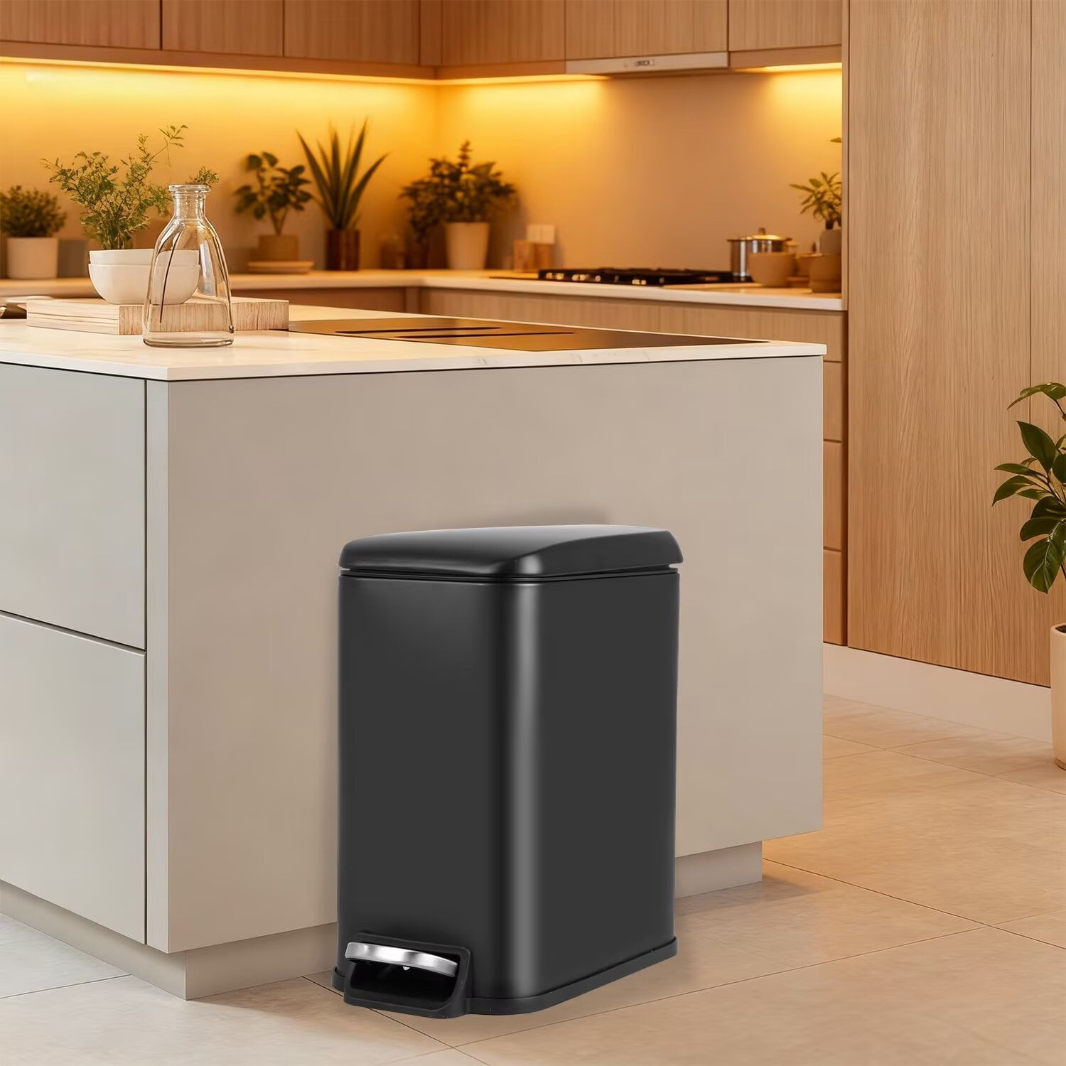 YRLLENSDAN,Stainless Steel Kitchen Trash Cans,Small Trash Can with Lid,Bathroom Trash Cans,Removable Bucket,with Foot Pedal,1.3 Gallon,Black,2 Pack