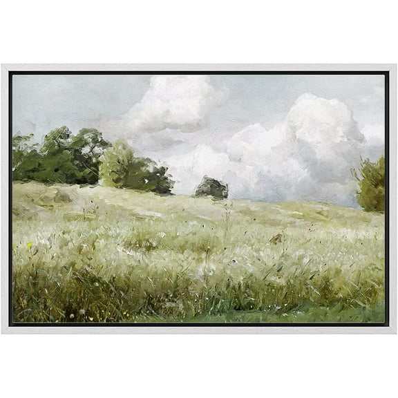 wall26 Framed Canvas Print Wall Art Green Meadow Under Stormy Clouds Nature Wilderness Illustrations Modern Rustic Colorful Multicolor for Living Room, Bedroom, Office - 24"x36"White