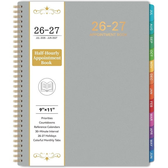 2026-2027 Appointment Book/Planner - Weekly & Monthly Planner, 9" x 11", Large, JUL. 2026 - JUN.2027, 30-Minute Interval, Daily Hourly Planner, Colorful Monthly Tabs, Inner Pocket, Grey