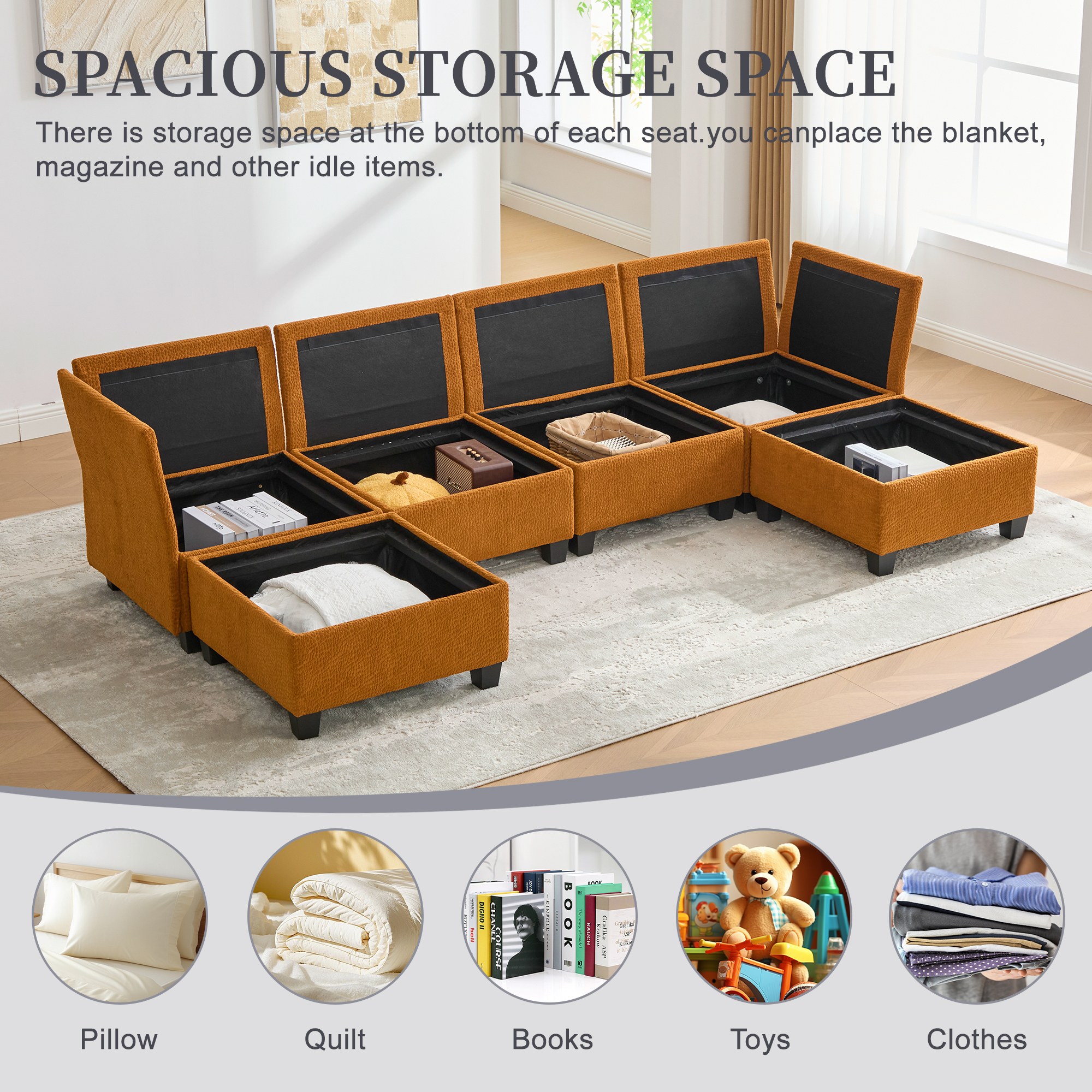 MOONMISS 6-Seat Polyester Upholstered U-Shaped Modular Storage Sleeper Sectional Sofa with Storage Ottoman-Orange