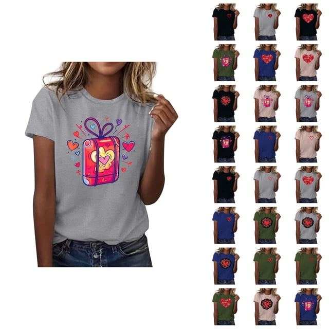 T-shirts pour Femmes de la Saint-Valentin 2026 Mode Manches Courtes Col Rond avec Cœur Graphique
