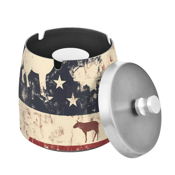 Outdoor Ashtray with Lid for Cigarette Stainless Steel Smokeless Ash Tray for Patio Home Table Decor American Flag and Animals