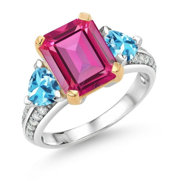 Gem Stone King 925 Sterling Silver and 10k Yellow Gold Pure Pink Mystic Topaz and Swiss Blue Topaz 3 Stone Engagement Ring for Women (5.35 Cttw, Octagon Cut 10X8MM, Size 8)