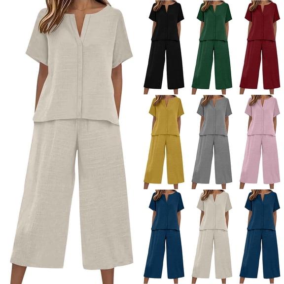 Linen Capri Set Women 2 Piece Outfits V Notch Short Sleeve Button Down Shirts Summer Flowy Crop Wide Leg Pants Sets, XL
