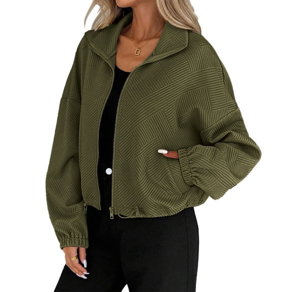 WTOBBY Women's Fashion Solid Color Baseball Jacket with Long Sleeve, High Neck, Drawstring Hem, and Pockets,Army Green L