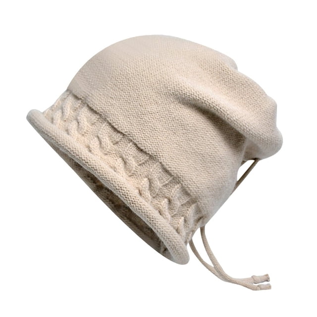 Adjustable Drawstring Hemming Twist Texture Knitting Hat Women Solid Color Riding Winter Beanie Hat