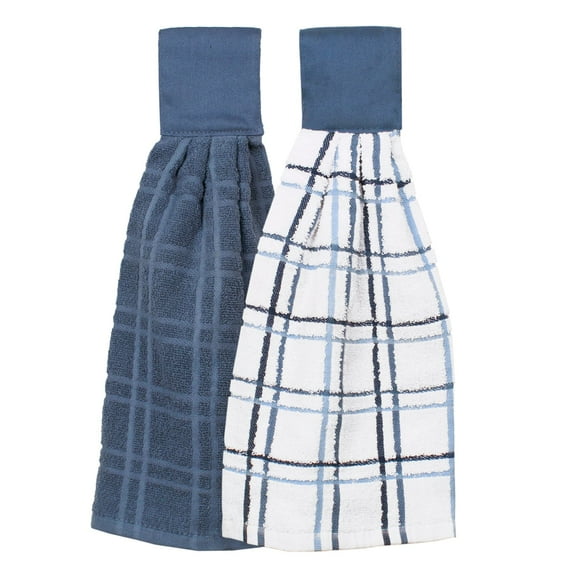 RITZ Solid and Multi Check Kitchen Tie Towel, Set of Two, Federal Blue