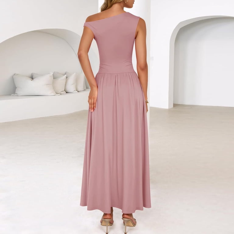 Uocefik Womens Summer Off Shoulder Sleeveless Midi Dress Cocktail A Line Flowy Wedding Guest Dresses with Pockets Pink M