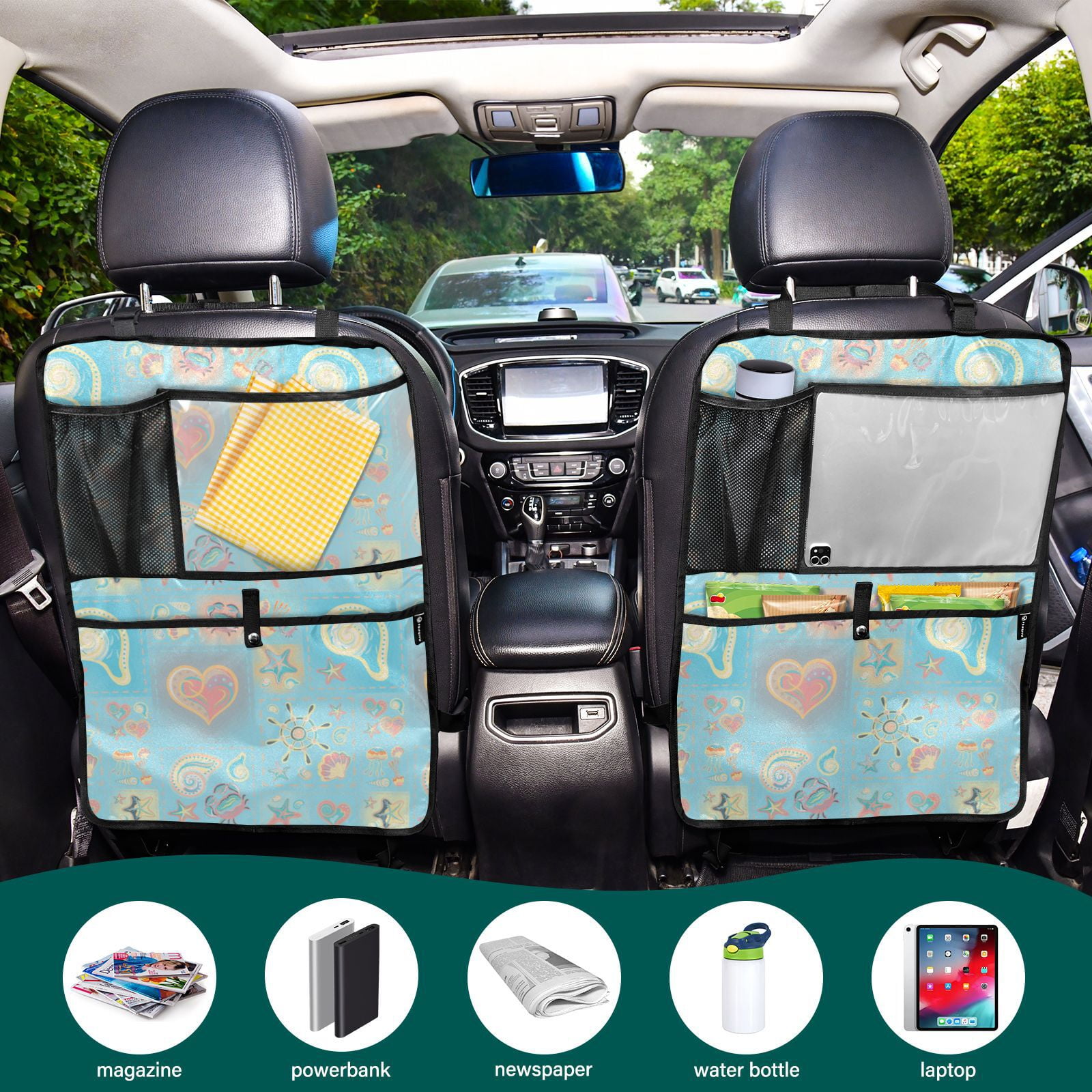 Seamless pastel ocean pattern Back Seat Cover + Pocket Storage Organizer, 173 Pack Multifunctional Kick Mats Backseat Protector