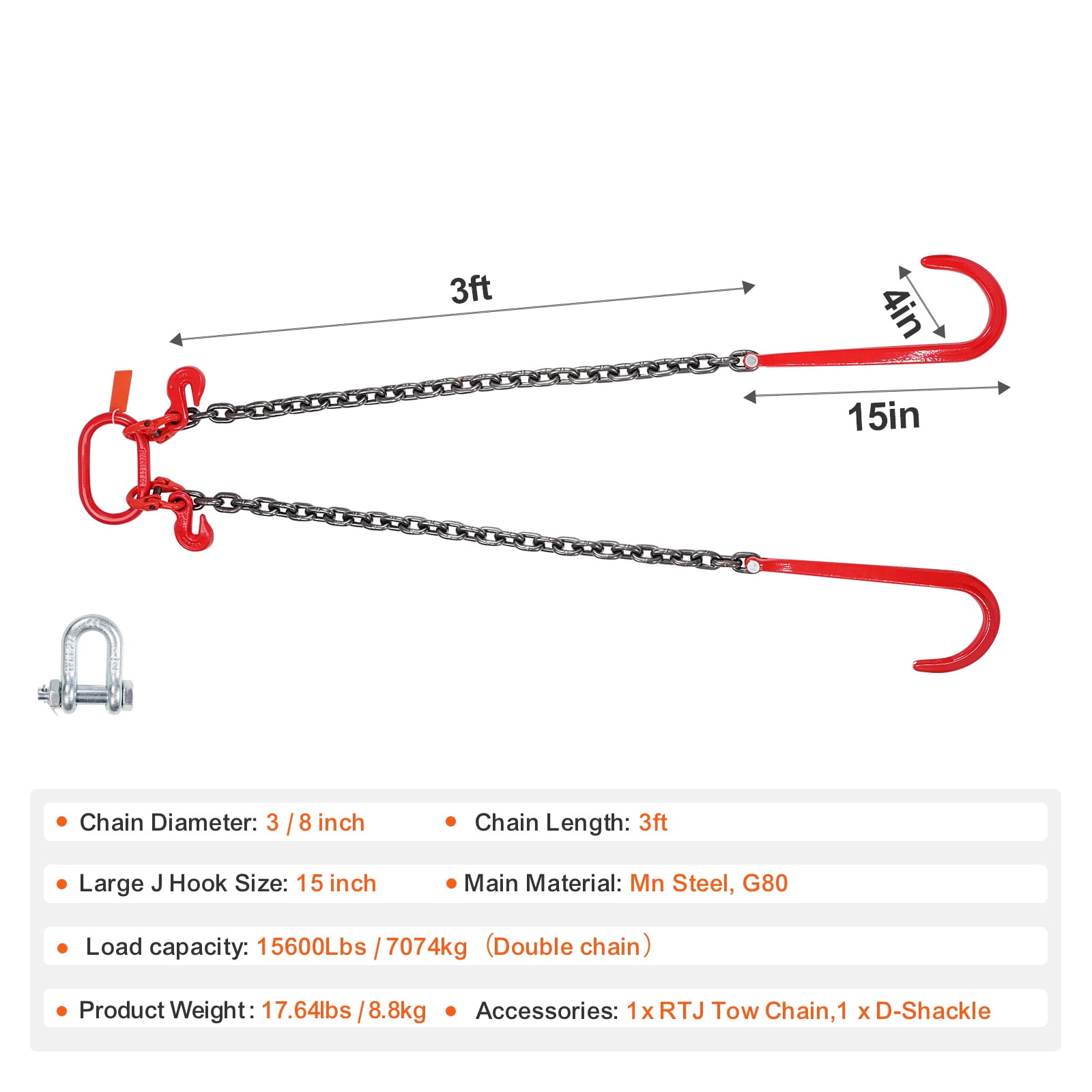 KFFKFF G80 V-Style Chain, 3/8" x 3' Bridle Chain with 15" J Hooks & Grab Hooks, Robust Transport Towing Chain Bridle with 7800 lbs Safe Load Capacity, Ideal for Flatbed Trailer Wrecker Salvage
